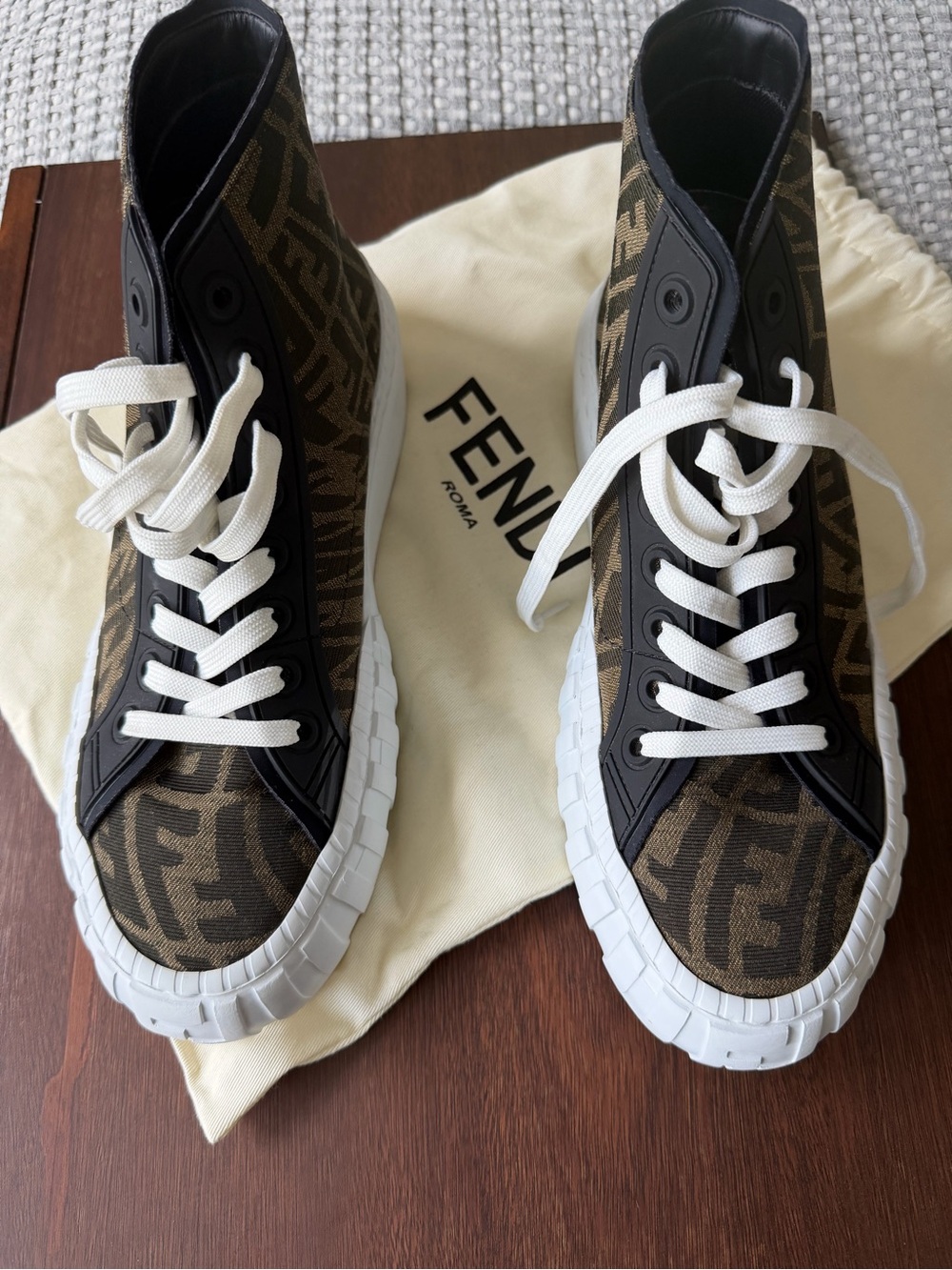 Fendi Brown Monogram High-Top Sneakers with White Soles